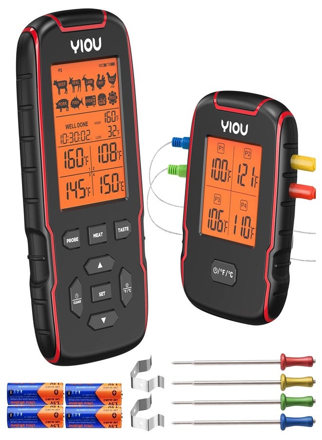 YIOU Wireless Meat Thermometer for Cooking, Digital Meat Thermometer with 4 Probes, 500FT Ultra Accurate & Fast Food Thermometer for Oven, Smoker, Red - Image 1